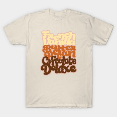 Cream t-shirt with retro-style text graphic in shades of brown and orange, ideal for casual wear.