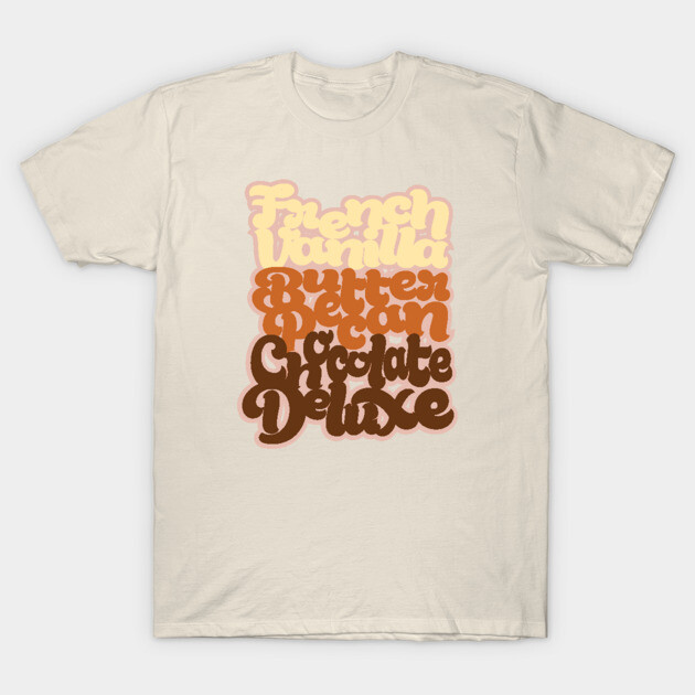 Cream t-shirt with retro-style text graphic in shades of brown and orange, ideal for casual wear.