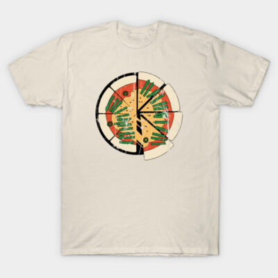 Cream t-shirt with abstract pizza design, casual wear, soft cotton material, perfect for everyday style.