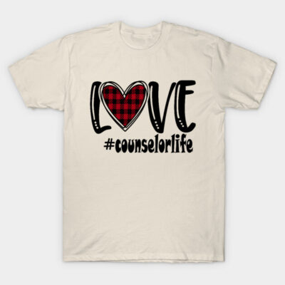 Beige t-shirt with "Love #counselorlife" graphic, red plaid heart design, casual cotton, unisex style.
