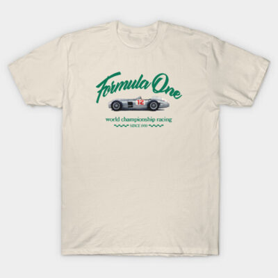 Cream t-shirt featuring vintage racing car design and "Formula One World Championship" text, perfect for motorsport fans.