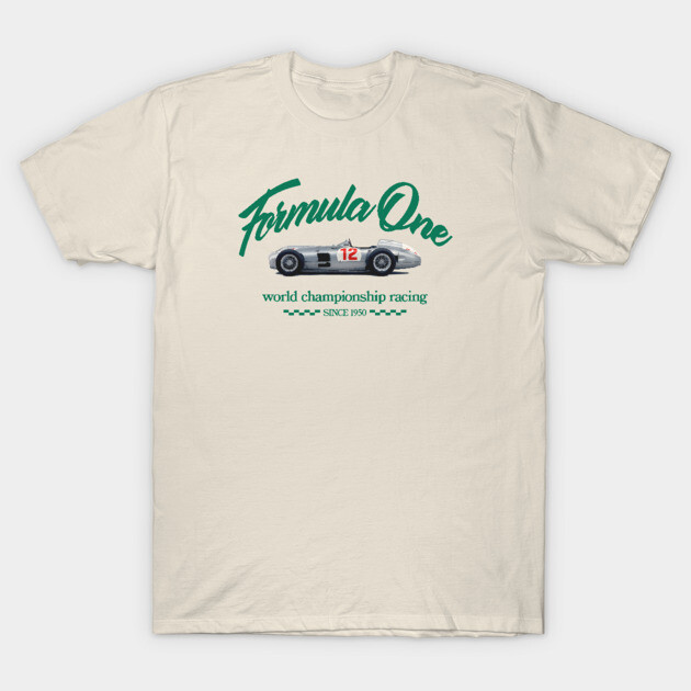Cream t-shirt featuring vintage racing car design and "Formula One World Championship" text, perfect for motorsport fans.