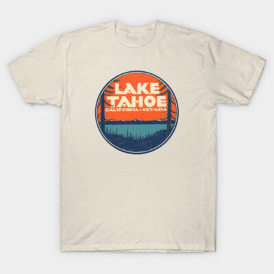 Beige t-shirt with retro Lake Tahoe California Nevada graphic, casual style, perfect for outdoor enthusiasts.
