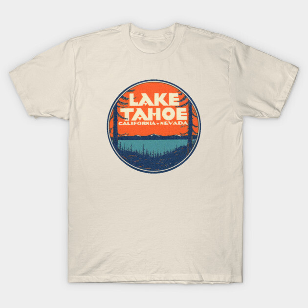 Beige t-shirt with retro Lake Tahoe California Nevada graphic, casual style, perfect for outdoor enthusiasts.