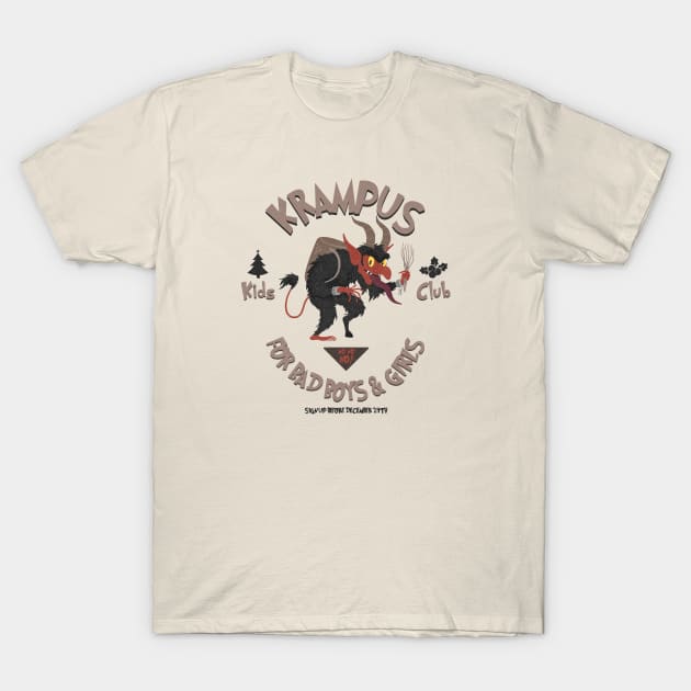 Cream t-shirt with Krampus graphic, vintage style, playful design for kids, soft cotton material, perfect for casual wear.
