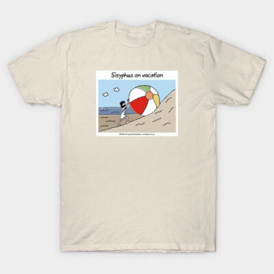 Beige t-shirt with "Sisyphus on vacation" cartoon, featuring a beach ball illustration. Fun casual wear. Cotton material.