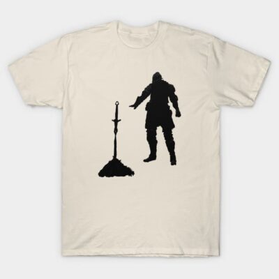 Beige T-shirt with black knight and sword graphic design, casual cotton apparel, unisex style.