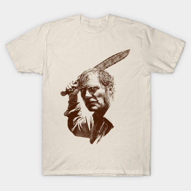 Beige graphic t-shirt featuring vintage-style illustration of a person with a machete, perfect for casual wear.