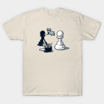 Beige t-shirt with black and white chess pieces graphic, casual style, cotton material, perfect for everyday wear.