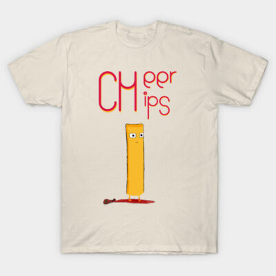 Beige t-shirt featuring quirky cartoon design with bold red text, perfect for casual wear.