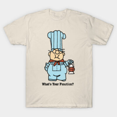 Cream t-shirt with cartoon chef graphic and "What's Your Function?" text, casual wear, soft cotton material.