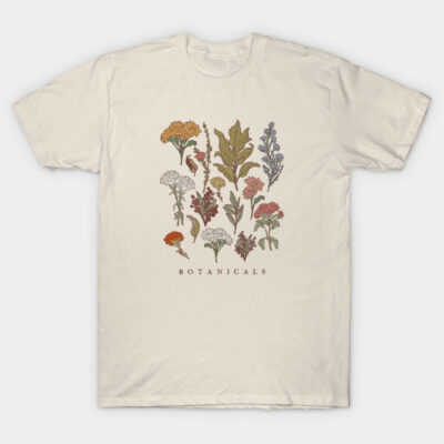 Cream botanical graphic t-shirt with colorful plant illustrations, casual style, ideal for everyday wear.