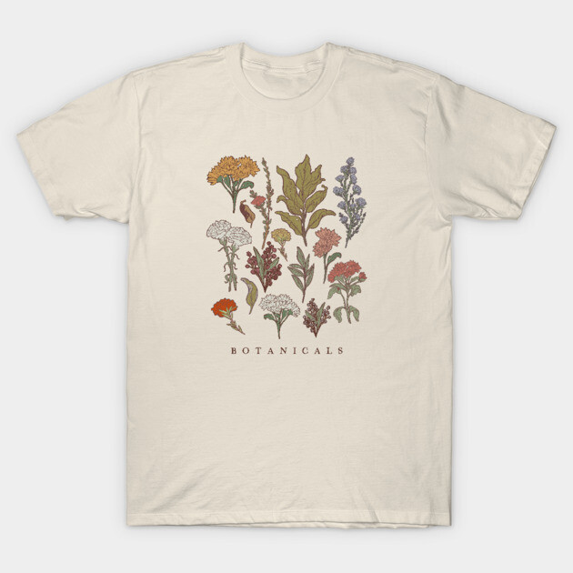 Cream botanical graphic t-shirt with colorful plant illustrations, casual style, ideal for everyday wear.
