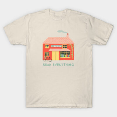 Cream t-shirt with colorful library and "Read Everything" print, perfect for book lovers, casual wear, cotton material.