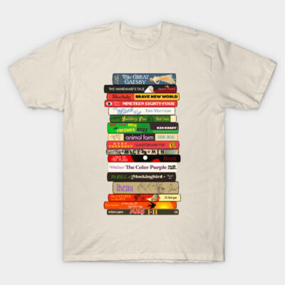 Cream t-shirt featuring colorful classic book spine design, ideal for literature enthusiasts. Cotton material, casual style.