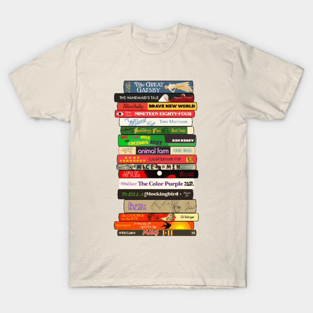 Cream t-shirt featuring colorful classic book spine design, ideal for literature enthusiasts. Cotton material, casual style.