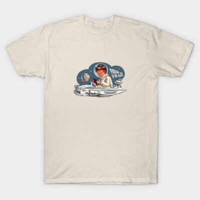 Cream t-shirt with retro space design, featuring a futuristic car and planets. Perfect for casual wear. Cotton material.