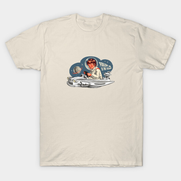 Cream t-shirt with retro space design, featuring a futuristic car and planets. Perfect for casual wear. Cotton material.