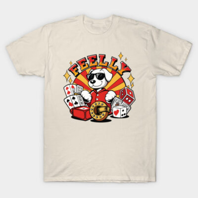 Beige t-shirt with playful cartoon dog design, featuring cards and dice, ideal for casual wear.