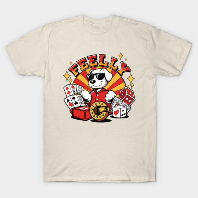Beige t-shirt with playful cartoon dog design, featuring cards and dice, ideal for casual wear.