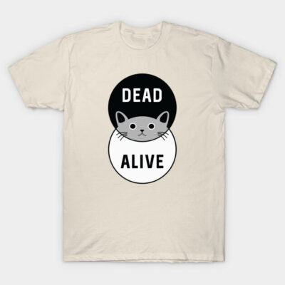 Beige T-shirt with playful cat design and "Dead Alive" text, casual style, soft cotton fabric, unisex fit.