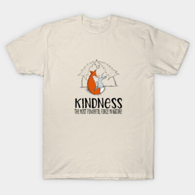 Cream t-shirt with cute fox and rabbit design, "Kindness" text, casual style, perfect for everyday wear.