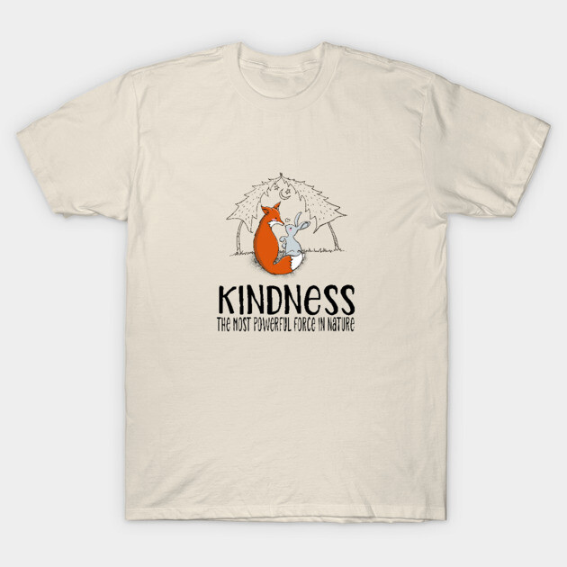 Cream t-shirt with cute fox and rabbit design, "Kindness" text, casual style, perfect for everyday wear.