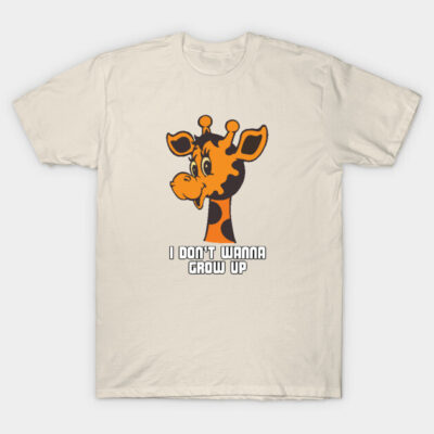 Cream t-shirt with cartoon giraffe design and "I Don't Wanna Grow Up" text, casual wear, cotton material.