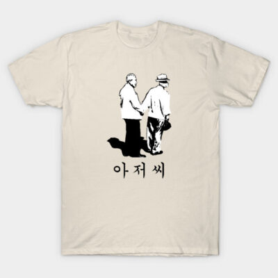 Beige t-shirt featuring a vintage illustration and Korean text, casual wear, soft cotton fabric for everyday comfort.
