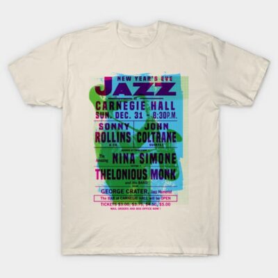 Cream vintage-style t-shirt with colorful jazz concert poster print, ideal for casual wear and music enthusiasts.