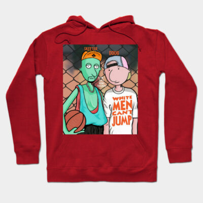 Red graphic hoodie featuring cartoon basketball players, casual style, cotton blend, perfect for sports fans.