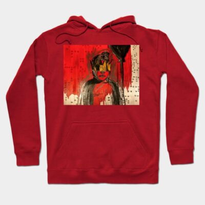 Red hoodie with abstract art print, featuring a crown and vibrant colors. Cotton material, perfect for casual wear.