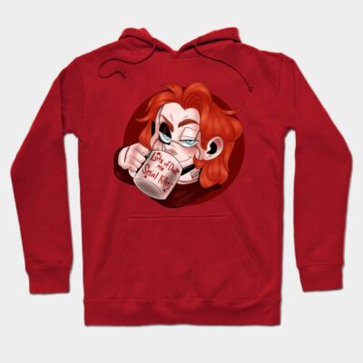 Red graphic hoodie with cartoon character holding mug, casual style, cozy material, perfect for everyday wear.