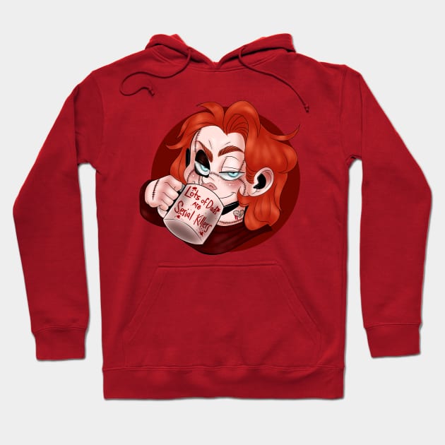 Red graphic hoodie with cartoon character holding mug, casual style, cozy material, perfect for everyday wear.