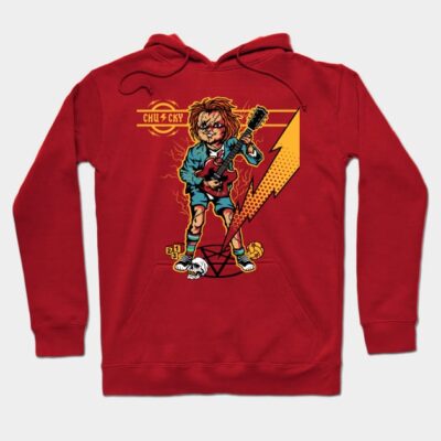 Red graphic hoodie featuring a rock-inspired design, long sleeves, and adjustable drawstring. Perfect for casual wear.