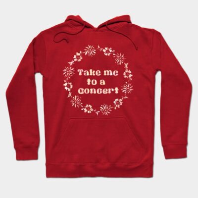 Red hoodie with floral print and "Take me to a concert" text, perfect for casual wear and cozy outings.