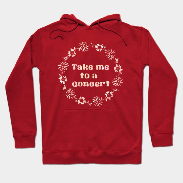 Red hoodie with floral print and "Take me to a concert" text, perfect for casual wear and cozy outings.