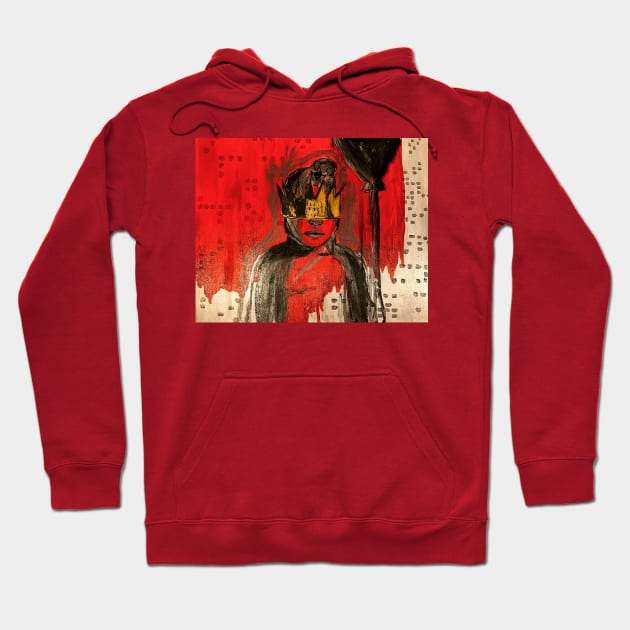 Red hoodie with abstract art print, featuring a crown and vibrant colors. Cotton material, perfect for casual wear.