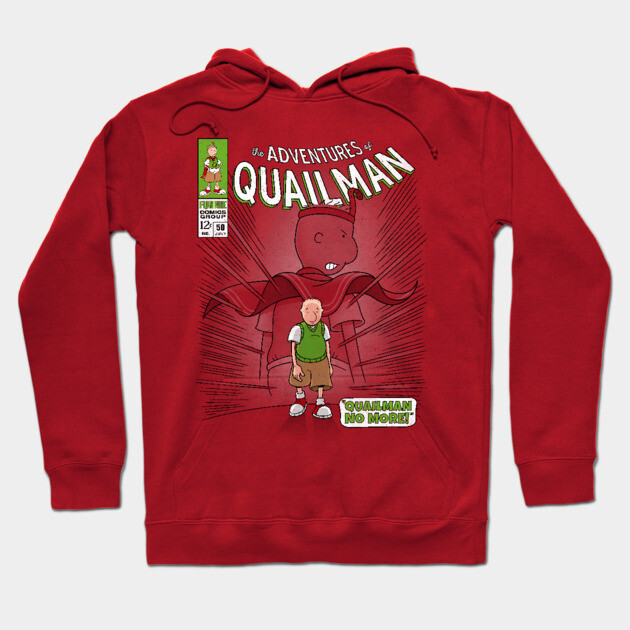 Red hoodie with "The Adventures of Quailman" comic design, casual wear, cotton blend, graphic print, unisex style.