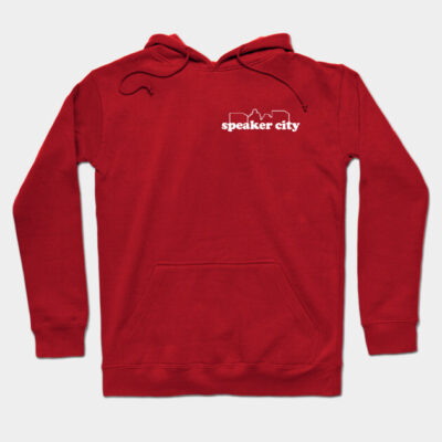 Red hoodie with "Speaker City" logo, front pocket, and drawstring hood, perfect for casual wear and comfort.
