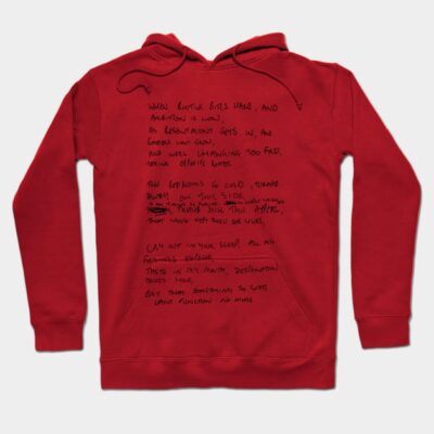 Red cotton hoodie with handwritten text design, casual style, ideal for fall and winter wear.