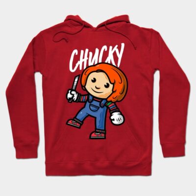 Red hoodie with playful doll graphic and text, featuring drawstring hood and cozy material, perfect for casual wear.