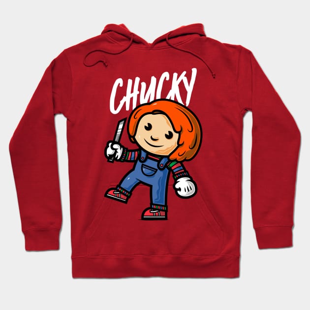 Red hoodie with playful doll graphic and text, featuring drawstring hood and cozy material, perfect for casual wear.