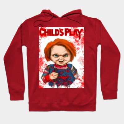 Red hoodie with graphic print featuring a horror-themed design, ideal for fans of classic scary movies.
