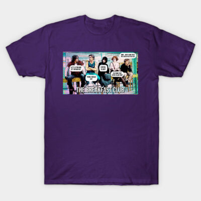 Purple graphic T-shirt featuring "The Breakfast Club" design, casual style, cotton material, perfect for everyday wear.