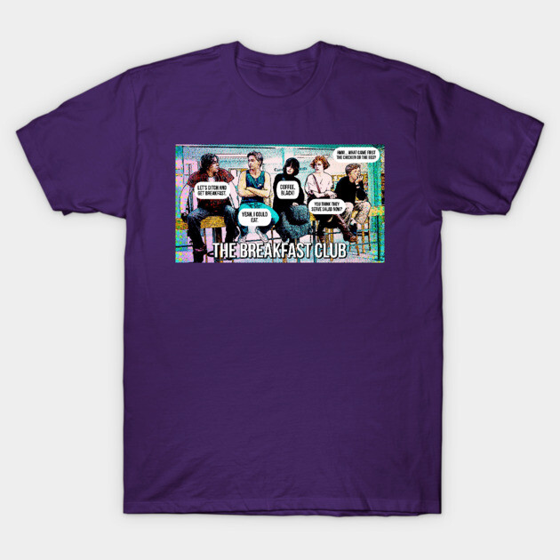 Purple graphic T-shirt featuring "The Breakfast Club" design, casual style, cotton material, perfect for everyday wear.