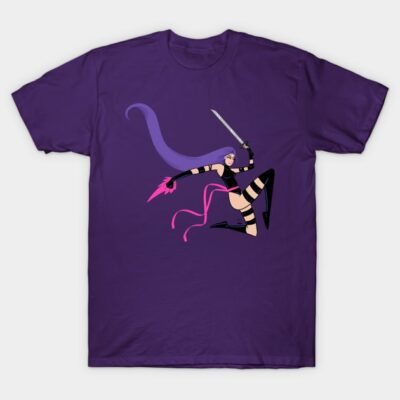 Purple t-shirt featuring an animated character design with sword, ideal for casual wear, made from soft cotton.