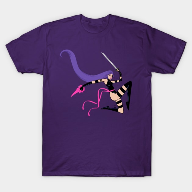 Purple t-shirt featuring an animated character design with sword, ideal for casual wear, made from soft cotton.