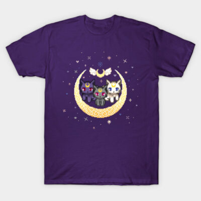 Purple t-shirt with pixel art cats on a crescent moon, stars around. Fun design for casual wear, 100% cotton.