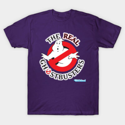 Purple Ghostbusters-themed T-shirt, featuring classic logo, casual style, ideal for fans, 100% cotton material.